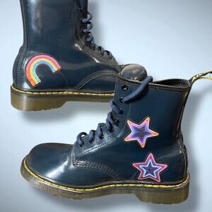 Women's DR. MARTENS Navy Patent Leather Combat Boots Paint Stains Embellished